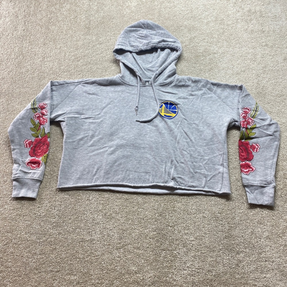 NBA Golden State Warriors Cropped Hoodie Womens Small Gray Floral Roses Pullover